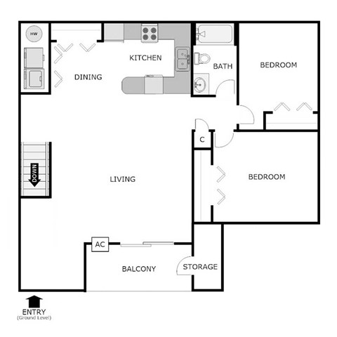 Floor plan for 2 beds, 1 bath, 1130 sqft